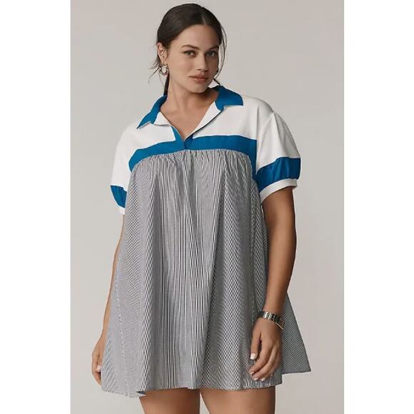 Anthropologie Daily Practice‎ Rugby Babydoll Pockets Mini Dress Blue Size Large - Picture 1 of 10